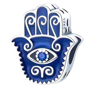 925 Sterling Silver Hamsa Shaped Charm, Inlaid w Shiny CZ